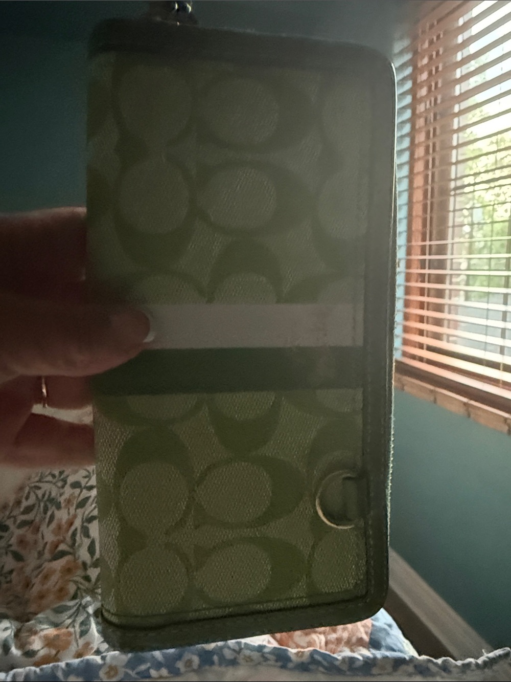 Coach Light Green Signature Stripe Wristlet with White Stripe